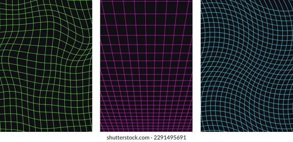 Distorted neon grid pattern. Abstract glitch background. Collection set. Retrowave, synthwave, rave, vaporwave. Blue, green, pink-purple colors. Fashionable retro style of the 1980s, 90s. Print, poste