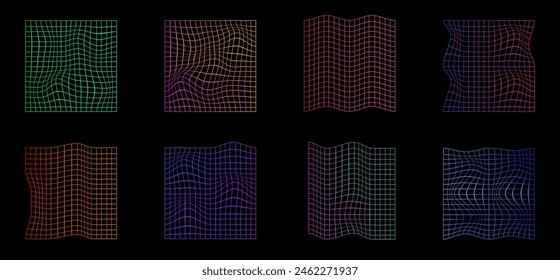 Distorted neon grid pattern. Futuristic geometric square. Abstract modern design. Y2k retro futuristic aesthetic. Vector illustration