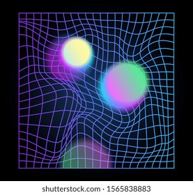 Distorted neon grid pattern and glowing spheres. Abstract background. Pattern vector artwork. Trendy retro 80s, 90s style. Print, poster, banner. Blue, black, pink purple colors. Retrowave, synthwave