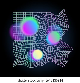 Distorted Neon Grid Pattern And Glowing Spheres. Abstract Background. Retrowave, Synthwave, Rave, Vapor Wave. Blue, Black, Pink Purple Colors. Trendy Retro 80s, 90s Style. Print, Poster, Banner.