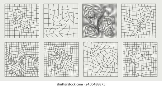 Distorted Neon Grid Patterns. Retro 80s and 90s Style