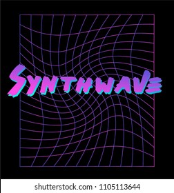 Distorted neon laser mesh on dark background. Synthwave/retrowave style   vector illustration.