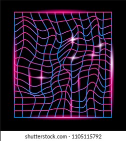 Distorted neon laser mesh on dark background. Synthwave/retrowave style   vector illustration.