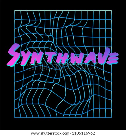 Distorted neon laser mesh on dark background. Synthwave/retrowave style   vector illustration.