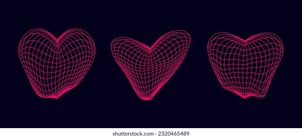 Distorted neon pink wireframe heart shapes set. Wrap grid design elements. Love and romantic or cardiology concept for posters, templates, flyers, banners. Vector bundle 