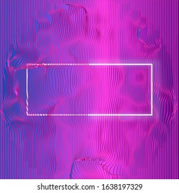 Distorted neon surface with white luminous frame. Aesthetics of vaporwave style. Vibrant cyberpunk wallpaper. Background with trendy blue and pink colors.