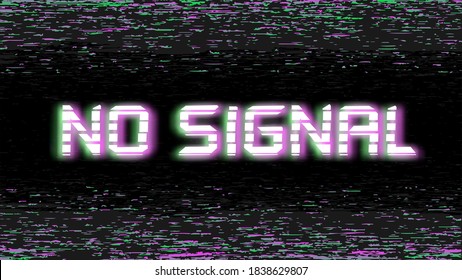 Distorted no signal sign on black backdrop. Glitch text on old video template. Retro pixel VHS noise background. Vector illustration.