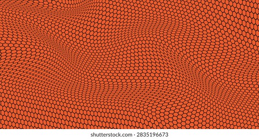 Distorted orange hexagon pattern background, distorted 3D optical illusion grid design for backdrop.