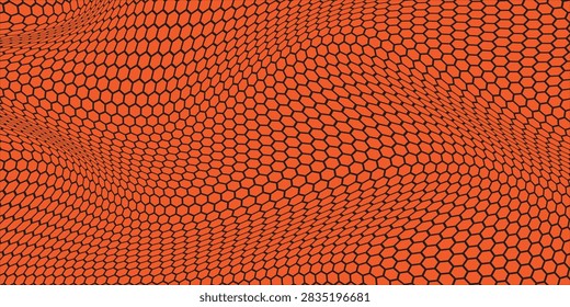 Distorted orange hexagon pattern background, distorted 3D optical illusion grid design for backdrop.