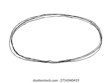 Marco de línea dibujado a mano ovalado distorsionado. Ilustración vectorial doodle monocromática con líneas superpuestas