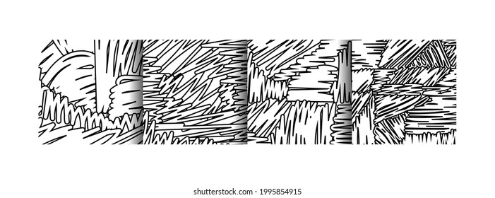 Distorted paint brush warp lines vector curve line texture background set, flat comics liquid stripes decorative black and white pattern collection illustration.