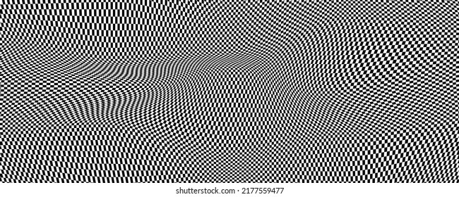 Distorted pattern, check background. Chess banner, checkerboard, optical illusion. Distort, vector texture. 3D op art, chessboard. Distorted background