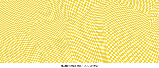 Distorted pattern, check background. Chess banner, checkerboard, optical illusion. Distort, vector texture. 3D op art, chessboard. Distorted background