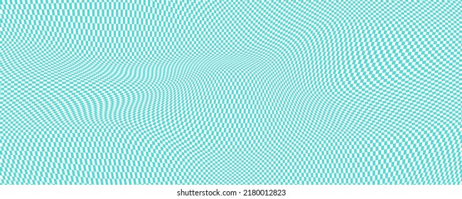 Distorted pattern, check background. Chess banner, checkerboard, optical illusion. Distort, vector texture. 3D op art, chessboard. Distorted background