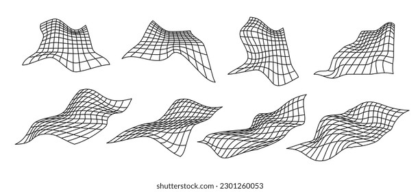 Distorted perspective grid pack. Glitch rectangle plane set. Wavy futuristic elements bundle. Ripple wireframes net collection. Vector abstract deformed background. 