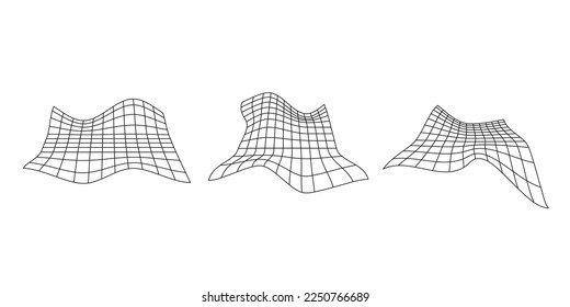 Conjunto de cuadrícula de perspectiva distorsionada. Colección de plano de rectángulo brillante. Elementos futuristas ondulados. Alambres rígidos. Resumen de vectores