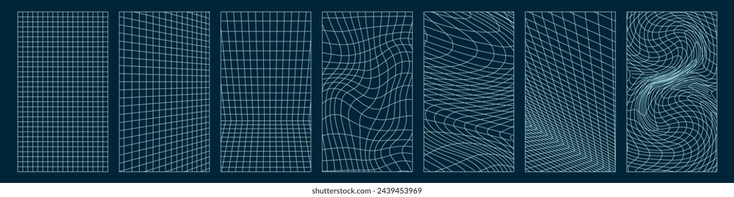 Distorted and perspective neon grid vertical backgrounds set. Abstract glitch patterns collection. Retrowave, synthwave, rave, vaporwave style. Trendy retro 80s, 90s Print, poster vector backdrop.