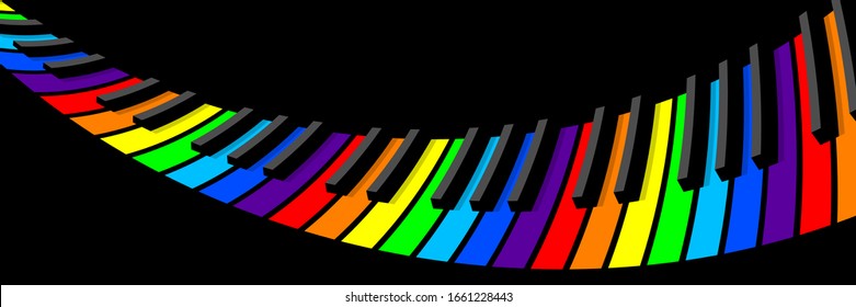 Distorted piano keyboard for wide background, screensaver. Seven colors of the rainbow on each key of the instrument. Fantastic flight in music.