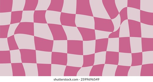 Distorted pink checkerboard grid background. Wavy mesh texture. Curved lattice surface. Vector graphic illustration
