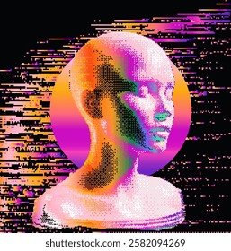 Distorted and pixelated silhouette of a human face with a neon halo on a dark background. Conceptual vector illustration on the themes of artificial intelligence and internet identity.