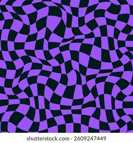 Distorted Psychedelic Checkerboard Background with Retro Colors. Trippy design with distortion grid effect. Twisted wavy and groovy geometrical chessboard. Distorted funky 70s hippie art