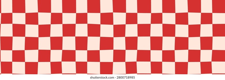 Distorted red checkerboard seamless vector pattern, Wavy squares, groovy warped plaid background