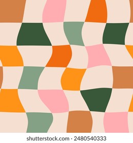 Distorted retro checkerboard seamless vector pattern in neutral, muted colors. Abstract wavy squares, plaid background in groovy, funky style.