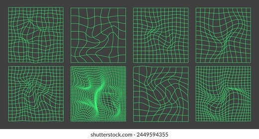 Distorted Retro Grid Patterns. Retro Neon Grid Pattern Set. Vaporwave Aesthetic.