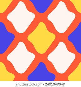 Distorted Rhombus Abstract Seamless Pattern. Colorful liquid background with wavy geometric shapes. Repeat vector illustration with vibrant colors.