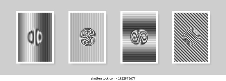 Distorted rounded lines vector curve line in circle shape background set, flat warped into sphere stripes decorative black and white pattern collection illustration.