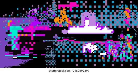 Distorted screen with neon glitches and flickering. Vector cyberpunk style illustration.