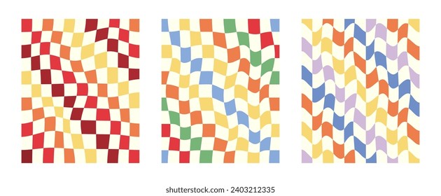 Distorted seamless checkered pattern. Trendy 70's style. vector background with a pattern like a checkerboard. Retro backgrounds. Funky hippie fashion textile print. Groovy. Vector illustration