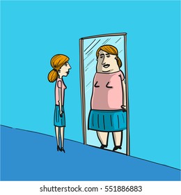 distorted self image - conceptual vector illustration of skinny woman in front of mirror watch fat image of her self