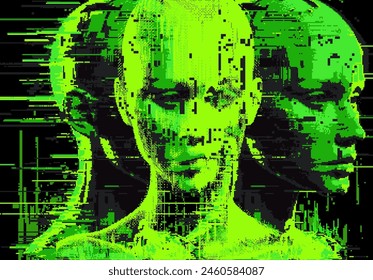 Distorted silhouette of a bald human head. Conceptual image of facial recognition and anonymity systems. Cyberpunk pixel art style vector illustration.