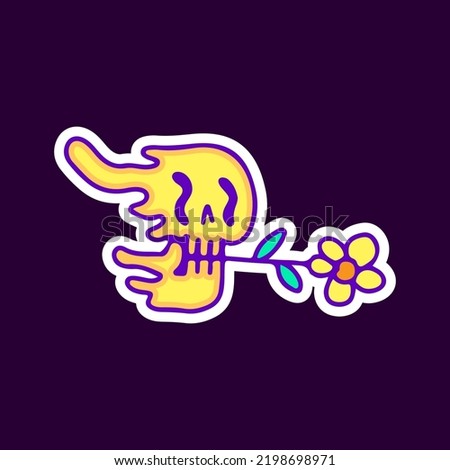 Distorted skull biting sunflower doodle cartoon, illustration for t-shirt, sticker, or apparel merchandise. With modern pop and urban style.