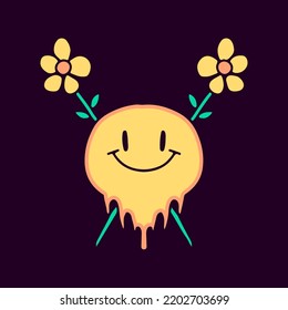 Sonrisa distorsionada cara emoji con caricatura de girasoles cruzados, ilustración para camisetas, pegatinas o artículos de vestimenta. Con estilo pop moderno.