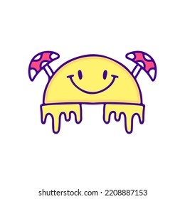 Distorted smile emoji face with trippy magic mushroom doodle art, illustration for t-shirt, sticker, or apparel merchandise. With modern pop style.