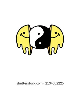 Distorted smile face with yin yang symbol inside, illustration for t-shirt, street wear, sticker, or apparel merchandise. With doodle, retro, and cartoon style.