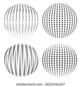 Icono de esfera distorsionada. Forma de deformación geométrica. Textura de línea negra. Efecto de ilusión óptica.