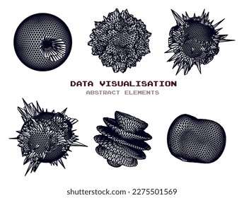 Distorted spheres and blobs made of mesh.  Set of abstract vector 3D shapes for cover or poster design. 