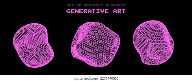 Distorted spheres and blobs made of mesh.  Set of abstract vector 3D shapes for cover or poster design. 