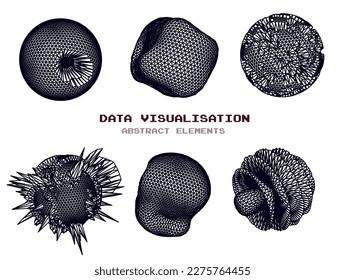 Distorted spheres and blobs made of mesh.  Set of abstract vector 3D shapes for cover or poster design. 