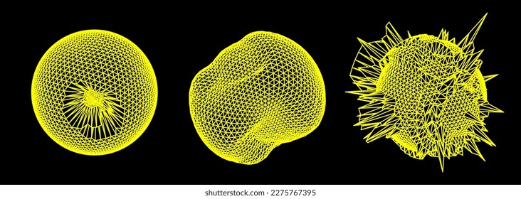 Verzerrte Kugeln und Blobs aus Mesh.  Set abstrakter Vektorgrafik-3D-Formen für Cover- oder Poster-Design. 