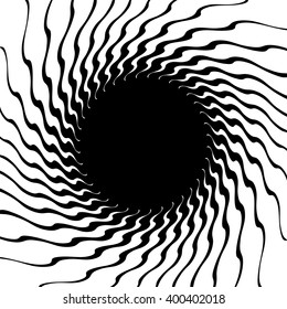 Distorted spirally bursting abstract shape with radiating spokes. abstract monochrome geometric graphic, background.