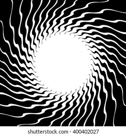 Distorted spirally bursting abstract shape with radiating spokes. abstract monochrome geometric graphic, background.