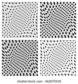Distorted spirally, rotating patterns with squares and circles