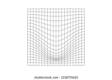 Distorted square grid. Geometric deformation effect. Mesh warp texture. Convex futuristic net. Gravity phenomenon. Bented lattice surface isolated on white background. Vector graphic illustration.