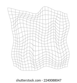 Distorted square grid. Mesh warp texture. Bented net isolated on white background. Curvatured lattice. Checkered pattern deformation. Vector graphic illustration