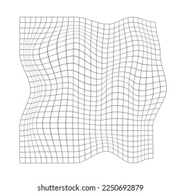 Distorted square grid. Warped mesh texture. Net with curvatured effect. Chequered pattern deformation. Bented lattice surface isolated on white background. Vector graphic illustration