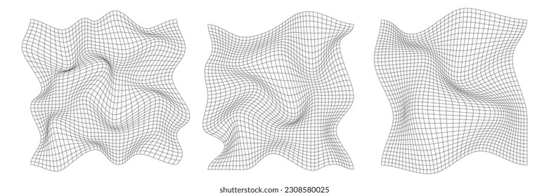 Distorted square grid. Warped mesh texture. Retro punk design elements. Wireframe wave geometry grid. Curved mesh elements. Vector illustration